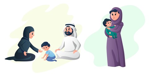 Arabic happy family, mother and father playing with their children. Young parents. Arab healthy couple cartoon characters vector illustration.
