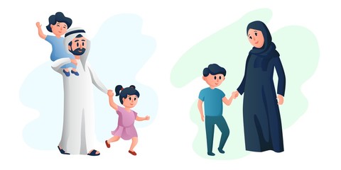 Arabic happy family, mother and father playing with their children. Young parents. Arab healthy couple cartoon characters vector illustration.