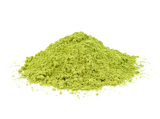 Green matcha powder on white background. Matcha made from finely ground green tea powder. Eat healthy because of high antioxidants.