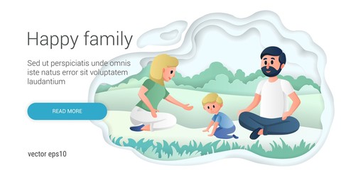 Happy family, mother and father playing with their child in the park. Young parents, healthy couple and their son cartoon characters. Adoption paper art style vector illustration. 