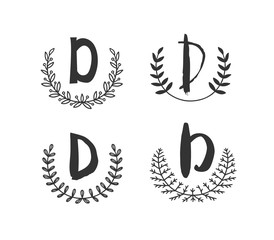 Hand drawn set of monogram objects for design use. Black Vector doodle flower on white background and Capital Letter D.  Abstract pencil boho drawing twig. Artistic illustration elements plant