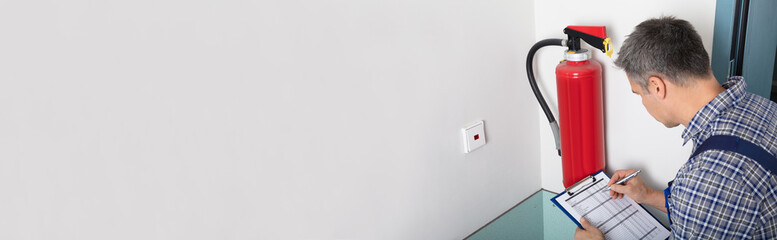 Obraz premium Professional Checking A Fire Extinguisher