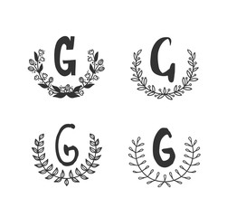 Hand drawn set of monogram objects for design use. Black Vector doodle flower on white background and Capital Letter G.  Abstract pencil boho drawing twig. Artistic illustration elements plant