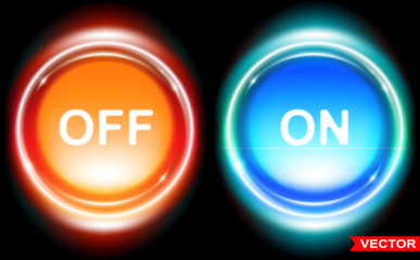 Realistic shiny glossy gradient round orange and blue on off web buttons. Isolated on black background. Layered vector icons set.