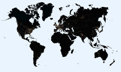 Fototapeta premium Nocna mapa świata z czarną sylwetką z podświetlonymi miastami, przedstawiająca metropolie świata