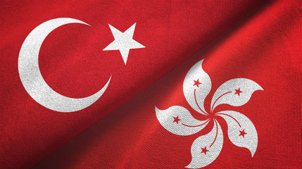 Turkey and Hong Kong two flags textile cloth, fabric texture