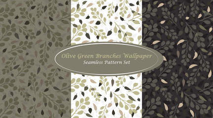Olive Green Branches Wallpaper Set Classic Abstract Seamless Repeating Pattern inspired by Greek Olives. Simple Elements combined with unique Olive Green Color Palette