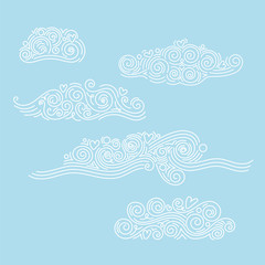 Oriental cloud ornament design with pen drawing line set. Vector on blue background.