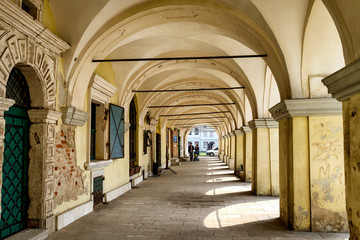 Renaissance gallery in the center of Zhovkva, Lviv region, Ukraine. April 2016