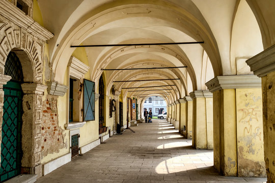 Renaissance gallery in the center of Zhovkva, Lviv region, Ukraine. April 2016