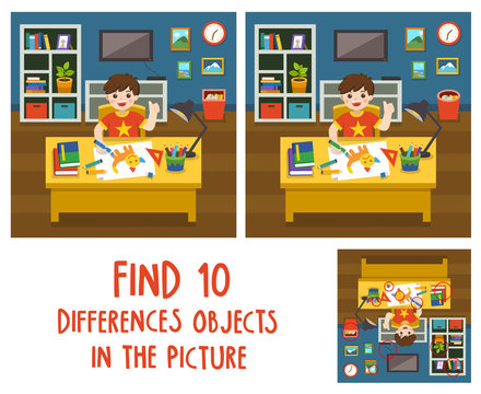 Adorable little Boy drawing the picture in living room. Find 10 differences objects in the picture. Educational game for children.