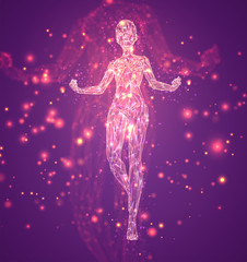 Obraz premium A female silhouette of luminous lines and dots dancing on an abstract pink background. vector layout