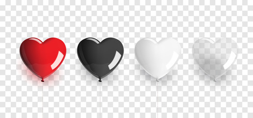 Set of Heart shaped balloons with ropeon on transparent background. Vector illustration.