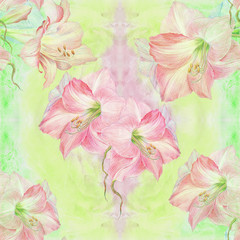 Amaryllis flowers. Branch with flowers and buds.  Spring Flower. Seamless pattern. Use printed...