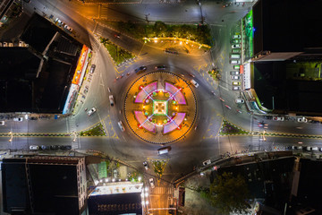 Beautiful Roundabout clock tower "Aerial Top view Phuket Thailand with long exposure cars traffic