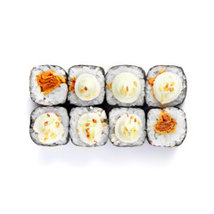 Sushi japanese roll set. Top view, isolated. omelet, mushrooms, cheese.