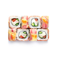 Sushi japanese roll set. Top view, isolated. chicken, bacon, vegetables