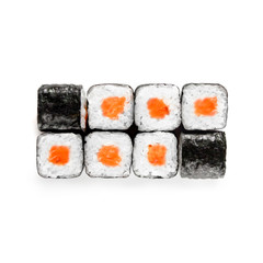 Sushi japanese roll set. Top view, isolated. Fish, salmon.
