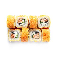 Sushi japanese roll set. Top view, isolated. crispy, hot, with fish and cheese