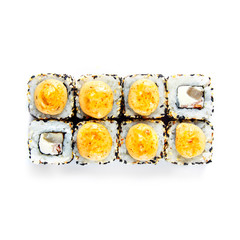 Sushi japanese roll set. Top view, isolated. Shrimp, cheese, crab, sesame, hat.