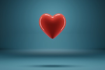 3D rendering Red heart is flying on a blue background. Symbols of love for happy women, mother, valentines day, birthday greeting card.