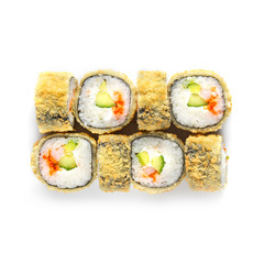 Sushi japanese roll set. Top view, isolated. Shrimp, caviar, cucumber, avocado, cheese, hot.