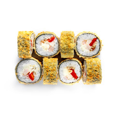 Sushi japanese roll set. Top view, isolated. Vegetables, chicken, cheese, hot.