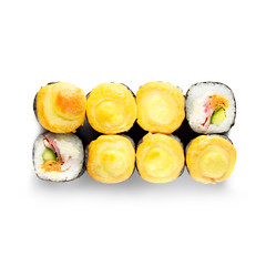 Sushi japanese roll set. Top view, isolated. Cucumber, scrambled eggs, bacon, ham, cheese, hot.