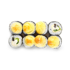 Sushi japanese roll set. Top view, isolated. Cheese, greens, mushrooms, hat.