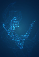 A female silhouette of luminous lines and dots dancing on an abstract dark blue background. vector layout