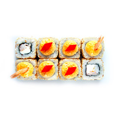 Sushi japanese roll set. Top view, isolated. Crab, octopus, scallop, shrimp, cheese, pepper, mayonnaise, cream
