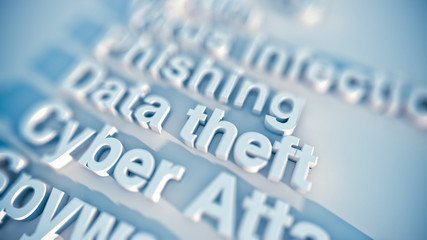 Cyber attack, Word cloud with Computer crime keywords, data theft, cyber attack, phishing, spyware