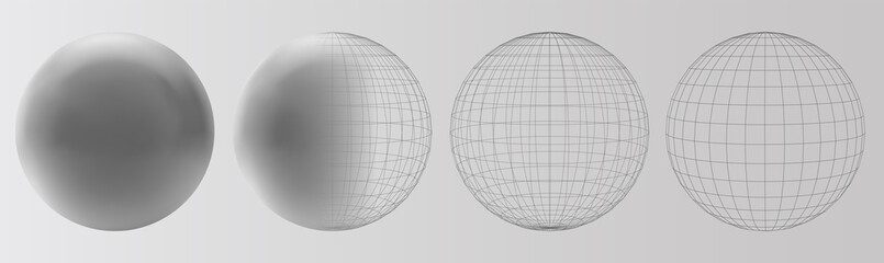 Set of vector spheres and balls on a white background with a shadow.