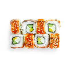 Sushi japanese roll set. Top view, isolated. Eel, cucumber, avocado, cheese.