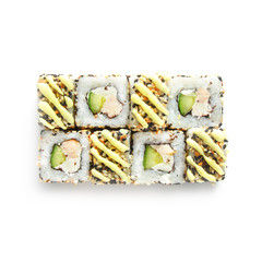 Sushi japanese roll set. Top view, isolated. Cheese, cucumber, crab, fish, sesame seeds, sauce.