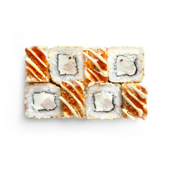 Sushi japanese roll set. Top view, isolated. Cheese, fish, sesame seeds, sauce.