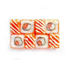 Sushi japanese roll set. Top view, isolated. Fish, crab, masago.