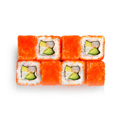 Sushi japanese roll set. Top view, isolated. Shrimp, avocado, cheese, cucumber, caviar.