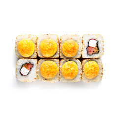 Sushi japanese roll set. Top view, isolated. crab, fish, omelet, mushrooms, sesame, mayonnaise, cheese, hat