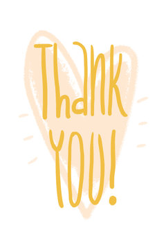 raster cute postcard with Thank You sign on heart-shaped grunge background. Yellow and beige palette.