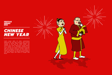 Popper smiling mask costume and sparkling firecrackers in Chinese New Year.