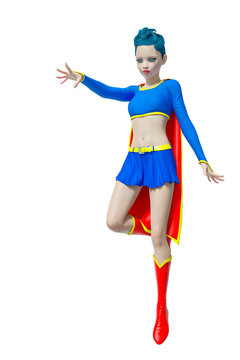 super girl floating and looking down in white background