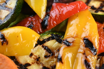 Grilled vegetables, sweet potato, zucchini, eggplant, pepper. Bright, juicy, macro.