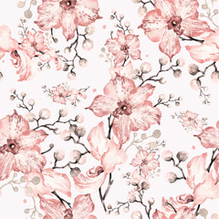 Seamless watercolor pattern of orchids with buds