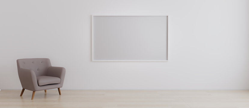 Horizontal blank picture frame in empty room with white wall and armchair on wooden parquet. Room interior with armchair and blank horizontal frame for mockup. 3d rendering 