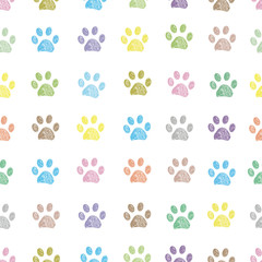 Doodle colorful pastel colored paw prints seamless fabric design pattern vector