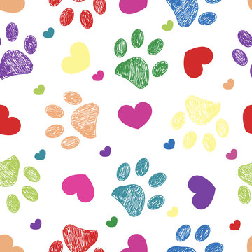 Doodle colorful paw prints with hearts seamless fabric design pattern vector