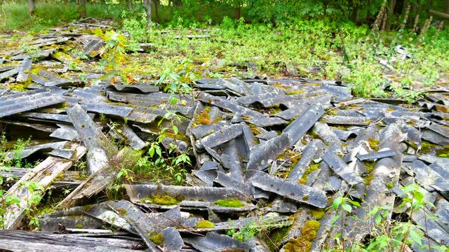 The scattered roof shingles on the ground