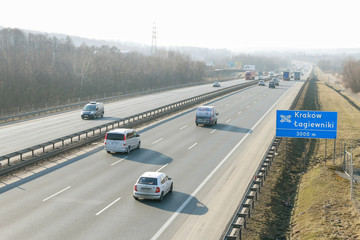 KRAKOW, POLAND - FEBRUARY 19, 2019: The autostrada A4 (highway) in Poland near the Krakow city