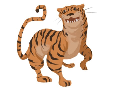 Exaggerated cartoon drawing of an African Tiger dancing on isolated white background - digital animal illustration